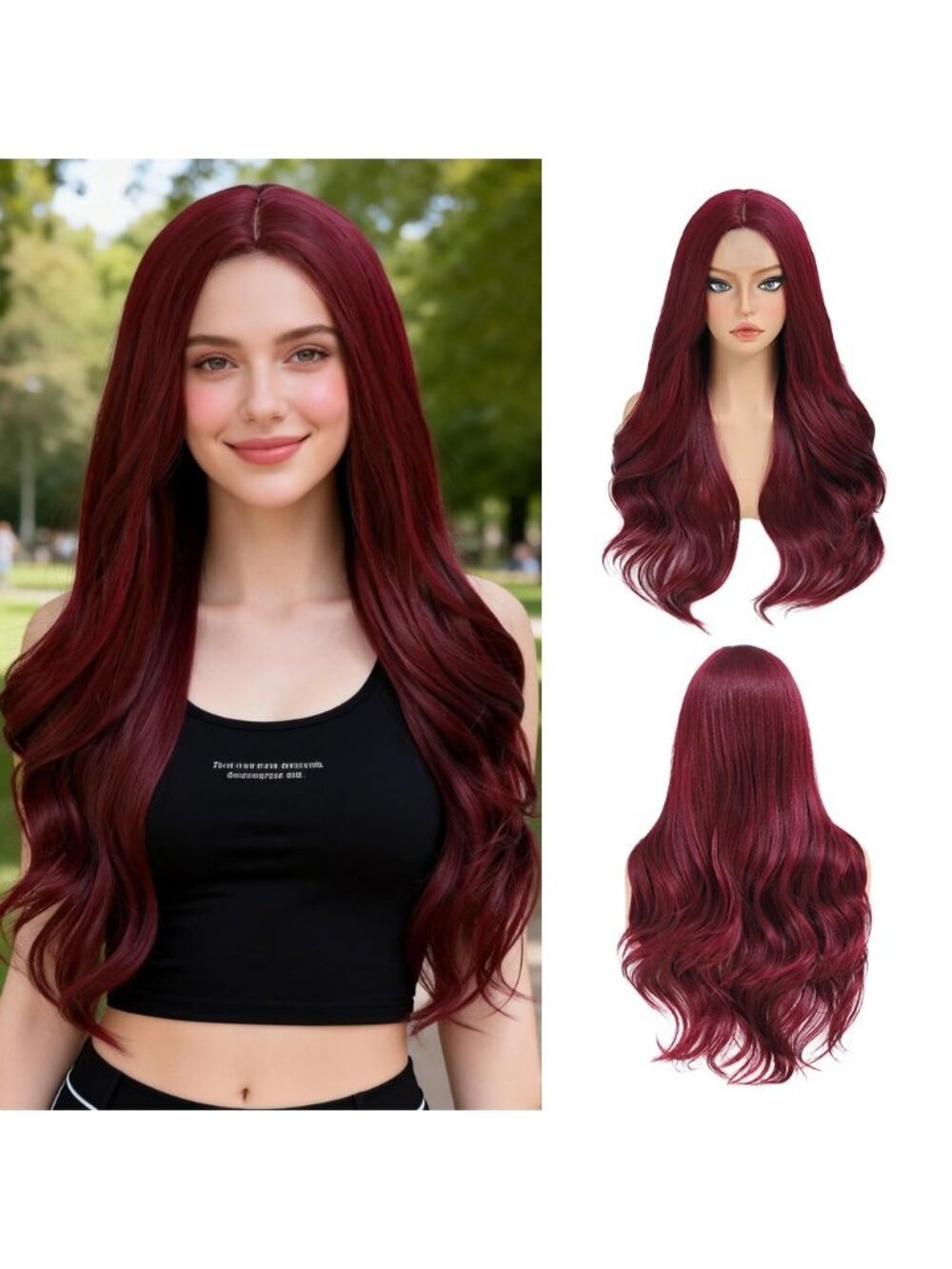 Women's Wine Red 26 Inch Middle Part Natural Looking Synthetic Curly Wigs